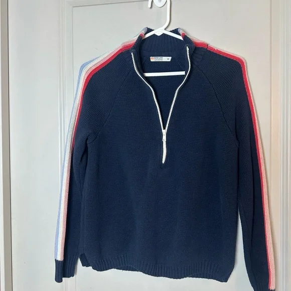 Marine Layer Archive Invierno Quarter Zip Cotton/Wool Navy Stripe Sweater, XS